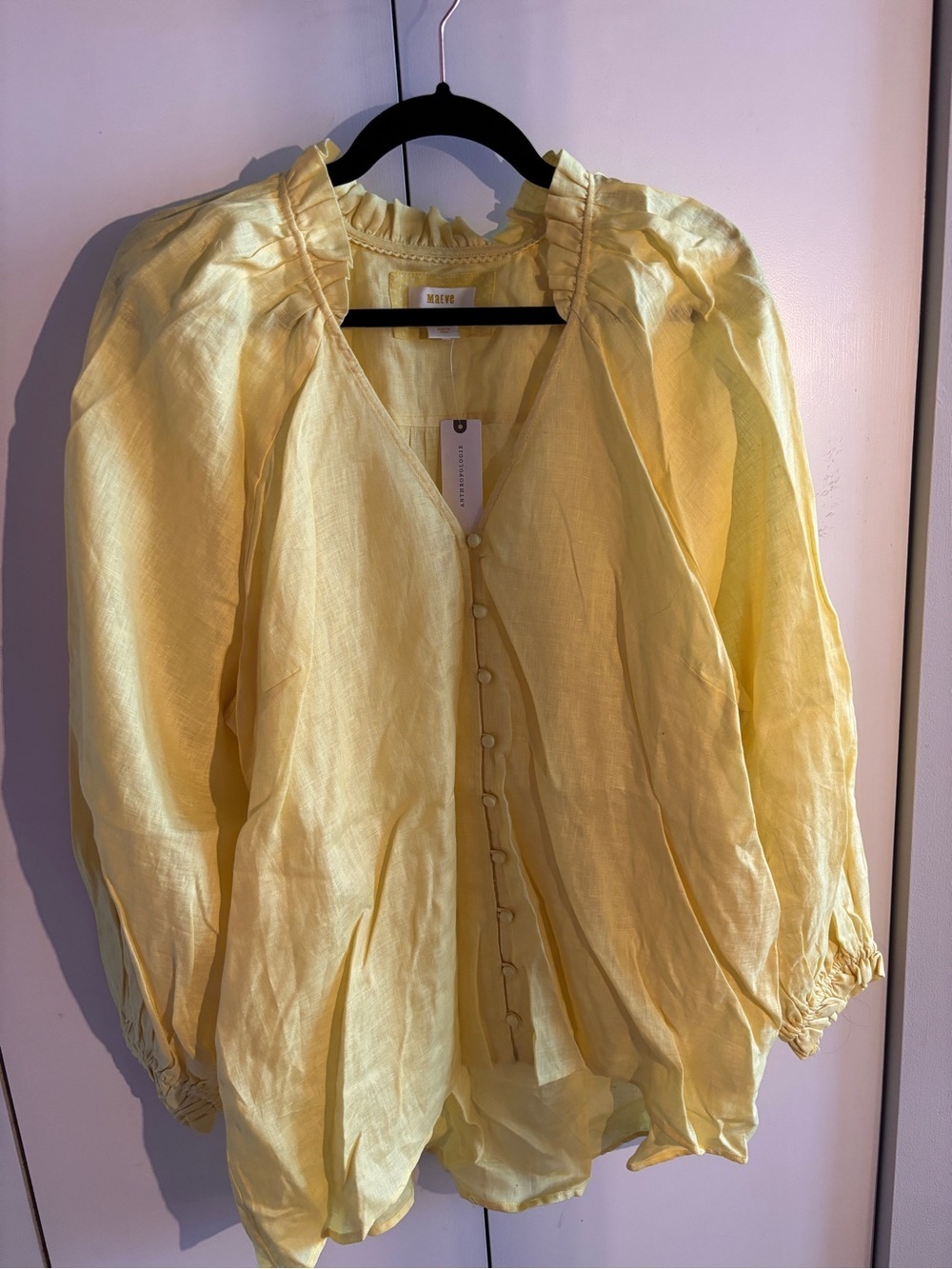 Maeve Yellow Ruffle-Neck Linen Blouse XL